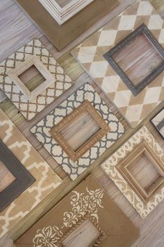 a group of wooden frames with different patterns and colors on the bottom one is brown, white