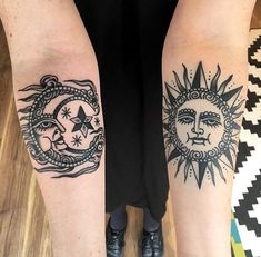 two people with sun and moon tattoos on their legs, one is black and the other is white