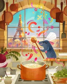 a cartoon mouse cooking in a pot on the stove top with a spatula next to it