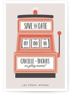 save the date card with an image of a slot machine