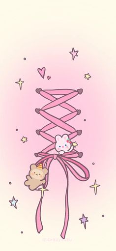 an illustration of a pink ribbon with a teddy bear tied to it and stars in the background