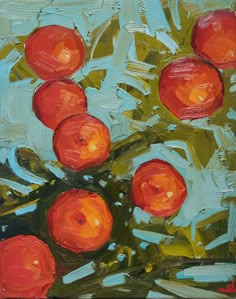 an oil painting of oranges in a vase