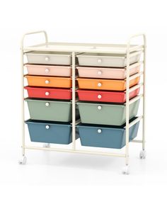 a white cart with six different colored bins