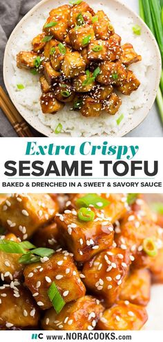 the sesame tofu is served with rice and green onions