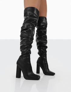 Cassia Black Square Toe Block Heel Over The Knee Boots Gold Stiletto Heels, Public Desire Shoes, Ankle Boots Dress, Girl Boots, Utility Skirt, Boots Uk, Mini Handbag, Military Boots, Skirt Co Ord