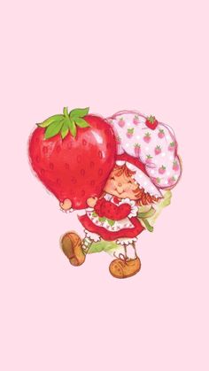 a drawing of a strawberry with a girl holding a large strawberry on it's back