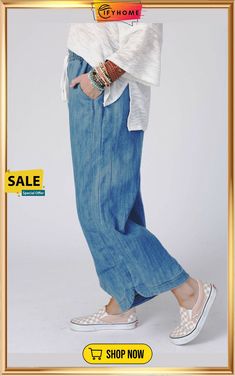 Sky Blue Wide Leg Drawstring Waist Loose Pants Medium Wash Summer Pants With Pockets, Baggy Blue Wide Leg Pants For Summer, Summer Medium Wash Pants With Pockets, Blue Baggy Wide Leg Pants For Summer, Non-stretch Blue Bottoms For Summer, Summer Blue Baggy Wide Leg Pants, Casual Ankle-length Jeans For Summer, Casual Denim Blue Trousers, Casual Ankle-length Summer Bottoms