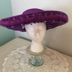 Beautiful Purple Fancy/Church Hat. By Milano. Beaded Sequin Fur Embellishment. Approximately 7 1/2” Church Hat, Church Hats, Color Purple, Embellishments, Sequin, Women Accessories, Hats, Purple, Women Shopping