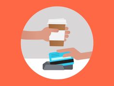 two hands holding coffee cups over a stack of books and a credit card on an orange background