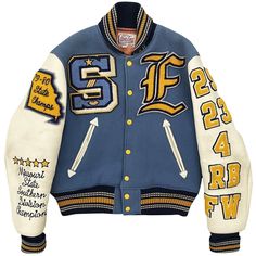 "Style Eyes Varsity Jacket 1978 Springfield Eagles Football Team. Wool body and leather sleeves. High quality. Size 36 / S. Pit to pit 20\". Length 23\". Light wear overall. Dry clean recommended." Embroidery Varsity Jacket, High School Varsity Jacket Design, Yellow Varsity Jacket, University Jacket, Eagles Football Team, Motivational Tattoos, American Logo, Football Jacket