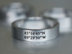 Your own one-of-a-kind coordinates ring for men or women, features the coordinates on this stainless steel ring. This is a great everyday ring, and has a nice polished look for mixing with other accessories.    The coordinates maybe where you proposed, or a favorite vacation, or wedding place. You pick the spot! You can leave the longitude/latitude coordinates as a note during checkout.    Don't know coordinates? To find them easy go to:    http://www.latlong.net    Still available to engrave other choices like roman numerals, loved one's names, baby names...or anything else close to your heart.        I T E M ∙ D E T A I L S     Shiny polished     Silver ( stainless steel, a high quality metal that does not tarnish and is hypoallergenic. )     6mm band wide     The listing is for one ring Handwriting Bracelet, Coordinates Bracelet, Names Baby, Easy Go, Latitude Longitude, Engraved Ring, Morse Code Bracelet, Everyday Ring, Everyday Rings