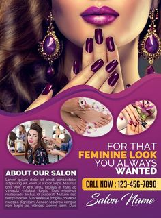 a woman with long hair and purple nails is shown in the advertisement for her salon