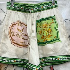 Almais Hotel Paradiso Porcelain Graphic Silk Shorts Size 8 Usa 4 , 100% Silk Silk Shorts, Porcelain, Size 4, Womens Shorts, Hotel, Silk, Cream, Green, Women Shopping