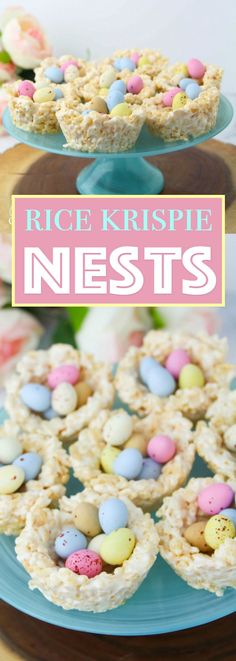 rice krispie nests on a blue plate with the words rice krispies nests above it