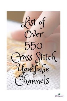 the words list over 500 cross stitch font on a white background with hand knitting needles