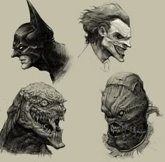 some sketches of the joker and his monster heads in various poses, with one being an alien