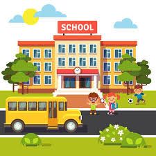 school bus and children in front of the school building