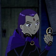 an animated character with purple hair and blue eyes holding her hands up to her face