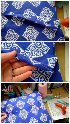 the process to sew a blue and white bandana