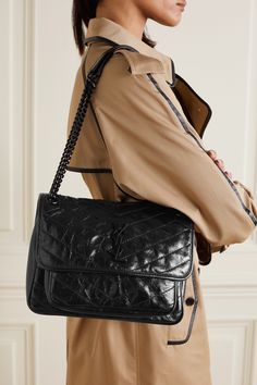 Black Niki medium quilted crinkled glossed-leather shoulder bag | SAINT LAURENT | NET-A-PORTER Ysl Niki Bag Outfit, Chain Bag Outfit, Vintage Ysl, Latest Bags, Handbag Heaven, Saint Laurent Bag, Black Chain, Quilted Leather, Leather Chain