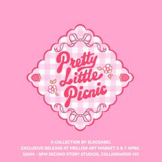 the pretty little picnic logo is shown on a pink and white checkerboard background