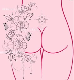 a breast with flowers and butterflies on it, in pink paper cutout style background