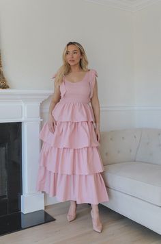 pink ruffle tiered midi dress with smocked bodice Curvy Date Night Outfit, Air Clothes, Bow Straps, Pink Ruffle Dress, Valentines Day Dresses, Ruffle Maxi Dress, Ruffle Midi Dress, Tiered Midi Dress, Pink Ruffle