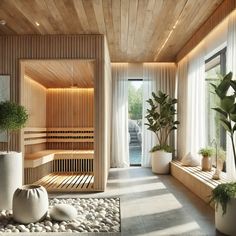 an indoor sauna with plants and rocks in the foreground, along with large windows