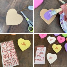 the process of making paper hearts with scissors, glue and adhesive stickers for valentine's day