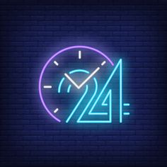 a neon clock with the time 24 forty minutes glowing on a dark brick wall background