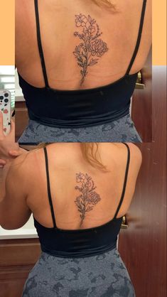 the back of a woman's neck with flowers tattooed on her upper and lower back