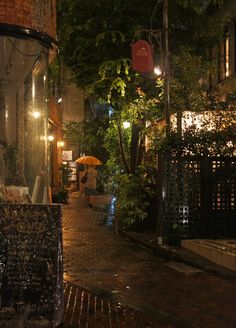 a person walking down a street at night with an umbrella