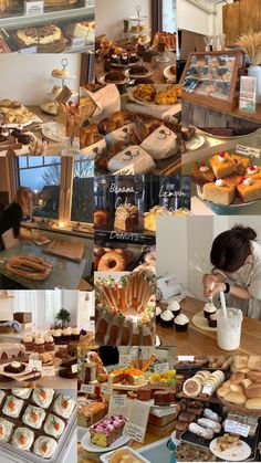 a collage of pictures showing different types of pastries and desserts on display