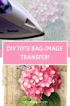 a pink flower sitting on top of a table next to an ironing board with the words diy tote bag image transferer