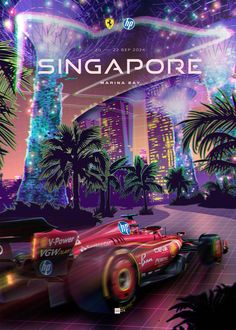 a red race car driving through the city at night with fireworks in the sky and palm trees