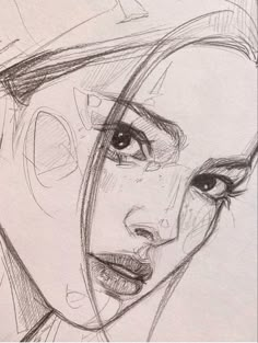 a pencil drawing of a woman's face with a hat on top of her head