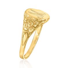 Ross-Simons - Plain - 14kt Yellow Gold Floral Signet Ring Size 8. Shining with etched floral designs in satin and polished 14kt yellow gold, this signet ring presents a feminine look for an age-old symbol of status and luxury. 3/8" wide. 14kt yellow gold floral signet ring. Old Symbols, Sunflower Ring, Sunflower Necklace, Fine Jewelery, Floral Studs, Gold Signet Ring, Natural Gold, Flower Pendant Necklace, Jade Carving