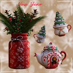 three teapots with christmas decorations in them, one is red and the other is white