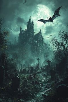 a creepy castle with bats flying over it