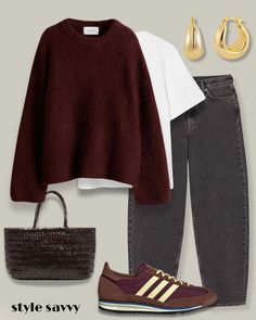 Winter Outfits With Shirts Women, Maroon Fall Outfit, Sweater White Shirt Outfit, Maroon Sambas Outfit, Burgundy Color Combinations Outfits, Autumn Colors Outfits, Burgundy Sweatshirt Outfit, Burgandy Outfits Aesthetic, Sweatshirt Work Outfit