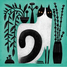 a black and white cat sitting next to two vases with plants in them on a green background