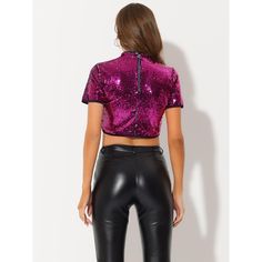 This cropped top features beautiful shining sequins that will shine when you are at the party and they can create a beautiful sparkle in the stage lights of dance and chorus performances. Occasion: Perfect for party/Halloween/Christmas Bachelorette Party/Dating/Dancing/Clubwear/Evening party/Club/Attend/Cockta. This style of shirt is very dazzling, whether it is walking in the street under the sun, or sitting under the neon lights can reflect a different charm. Sequin Short Sleeve Party T-shirt, Pink Cropped Top For Night Out, Shimmer Tops For Club And Party Season, Glamorous Shimmer Tops For Club, Glamorous Club Tops With Shimmer, Glamorous Sequined Crop Top For Club, Pink Fitted Crop Top With Sequins, Trendy Sequined Crop Top For Party, Glamorous Club Tops For Party Season