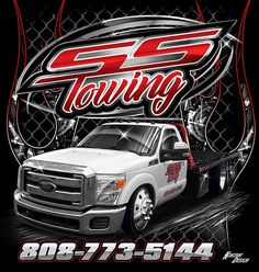 a white truck parked in front of a fence with the words 50 towing on it