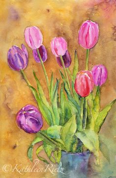 a painting of pink and purple tulips in a blue vase