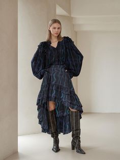 Composition : NYLON 100%Color : MIDNIGHT BLUE_S,MIDNIGHT BLUE_M,MIDNIGHT BLUE_LCountry of Origin : Republic of Korea Tiered Long Skirt, Long Tiered Skirt, Creative Shot, Midnight Blue, Long Skirt, Favorite Outfit, Composition, Skirt, Clothes For Women