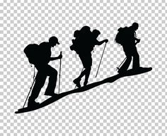 three silhouettes of people with backpacks and ski poles walking up a steep hill