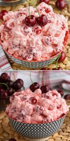 two pictures of cherries on top of a cake