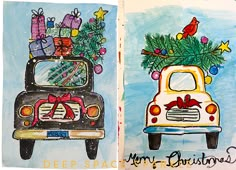 two drawings of cars with christmas trees on top