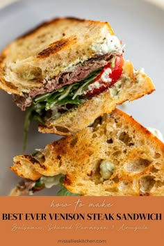 two sandwiches stacked on top of each other with the words, best ever version steak sandwich