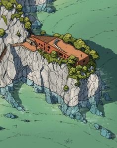 an animated image of a mountain with a house on the top and trees growing out of it